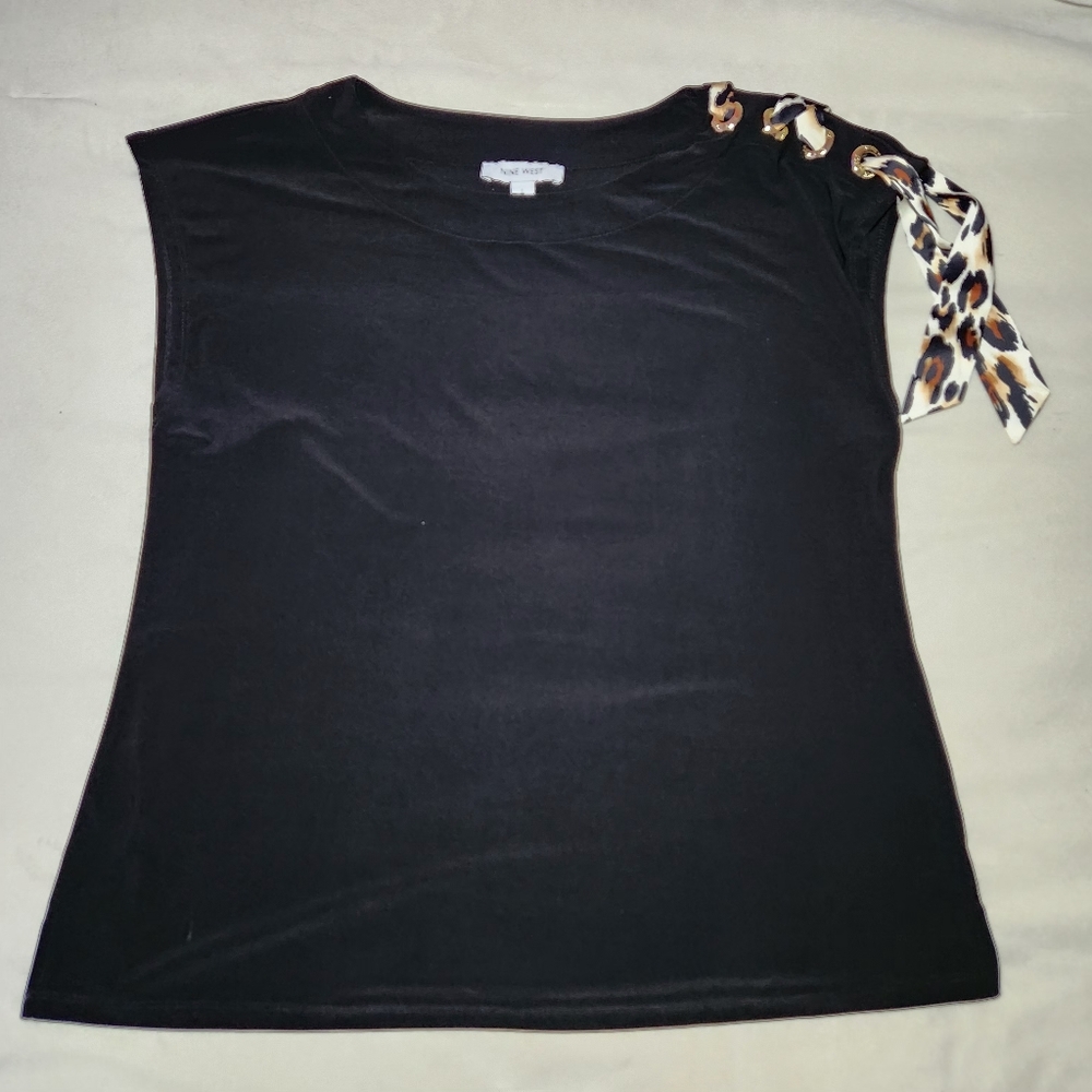 NWOT Nine West Womens Sz L Sleeveless Black Leopard Gold Side Tie  Blouse Top